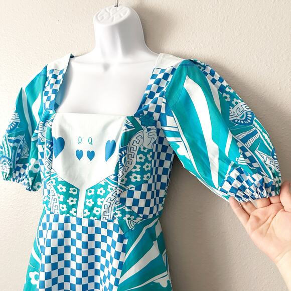 Celina Moon Queen of Hearts Blue Teal Puff Sleeve Midi Dress Women’s Size Medium - Picture 4 of 12